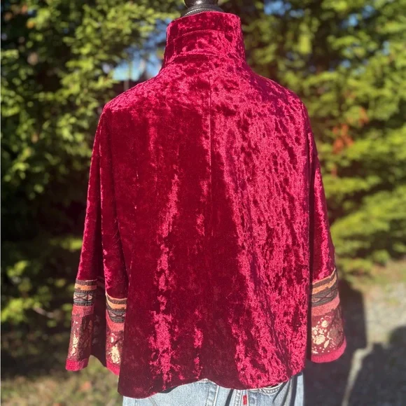 European Style Red Velvet Jacket with Embroidered Cuffs – NWT Sz Lg - Picture 5 of 9